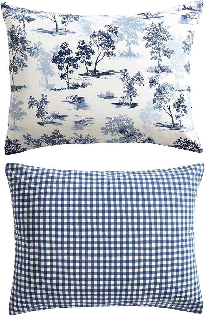 Eddie Bauer - Twin Comforter Set, Reversible Bedding with Matching Sham, Buffalo Check Reverse, Dorm Essentials (Vintage Forest Toile Blue)