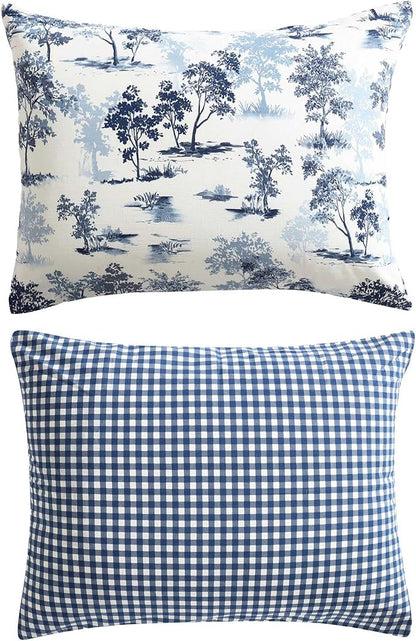 Eddie Bauer - King Comforter Set, Super Soft Reversible Bedding with Matching Shams, Buffalo Check Reverse, Rustic Inspired Room Essentials (Vintage Forest Toile Blue, King)