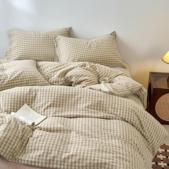 VM VOUGEMARKET Khaki Gingham Duvet Cover Queen 3 Pieces Neutral Beige & Mocha Plaid Duvet Cover 100% Washed Cotton Comforter Cover with 2 Pillowcases Farmhouse Checkered Bedding Set
