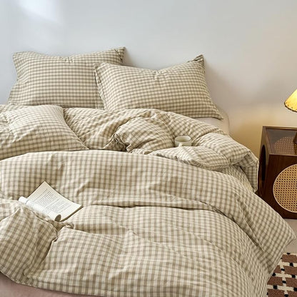 VM VOUGEMARKET Khaki Gingham Duvet Cover Queen 3 Pieces Neutral Beige & Mocha Plaid Duvet Cover 100% Washed Cotton Comforter Cover with 2 Pillowcases Farmhouse Checkered Bedding Set
