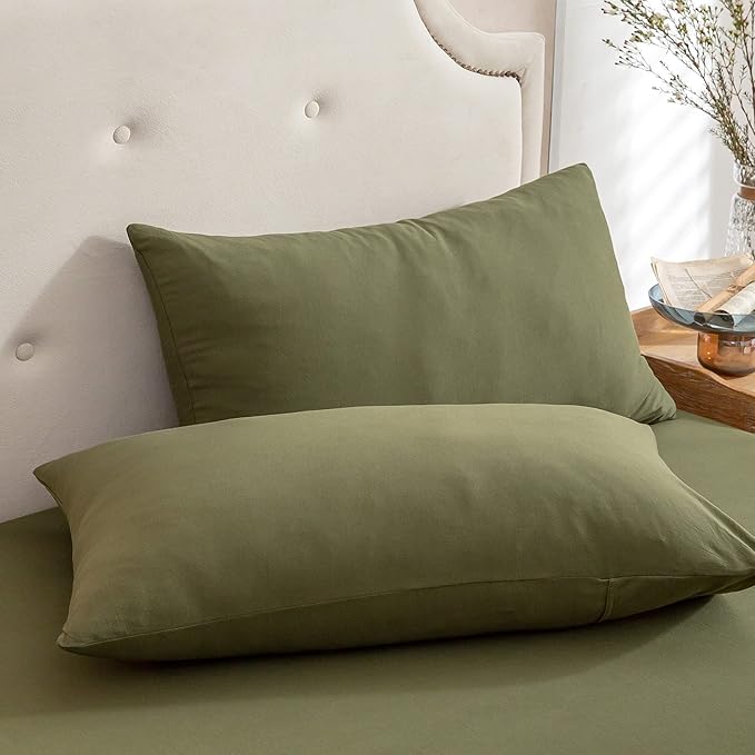 PURE ERA Jersey Knit Pillowcases 100% T-Shirt Cotton Super Soft Comfy Breathable, Set of 2, Queen 20" x 30", Solid Olive Green