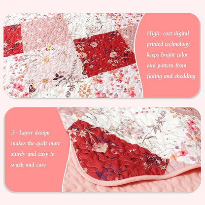 Whale Flotilla Patchwork Quilts Queen Size, Extra Soft Boho Floral Bedspreads for Bed Reversible Lightweight Full Queen Quilt Bedding Set Printed Coverlets with 2 Pillow Shams for All Seasons, Red