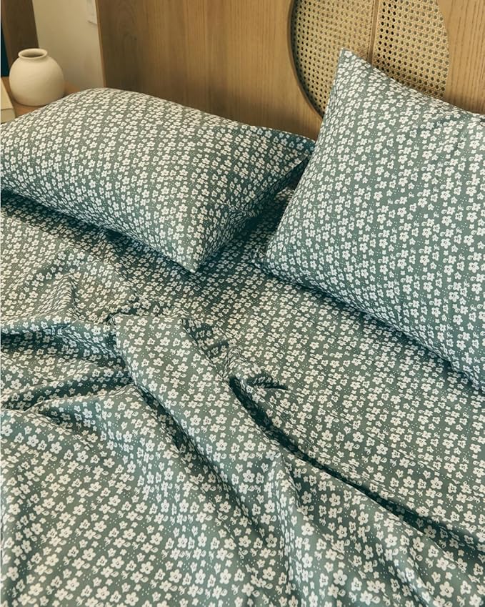 Floral Sheets - Green Floral Bed Sheet Set - 1 Flat, 1 Fitted & 2 Pillowcases w/ Deep Pockets - Comfy, Wrinkle & Fade Free - Boho Botanical Bedding - Ultra-Soft, Breathable & Cooling - King Size Set