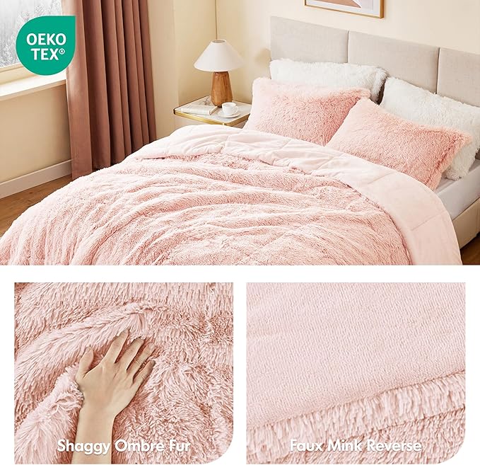 Intelligent Design Malea Shaggy Comforter Set, Long Faux Fur Cozy Down Alternative, Modern Casual Ultra Soft All Season Fluffy Bedding with Matching Sham, Twin/Twin XL, Blush 2 Piece