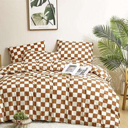 CLOTHKNOW Brown Plaid Full Size Comforter Set 3Pcs Grid Bedding Comforter Sets Soft Checker Comforter with 2 x Pillow Cases Soft Lightweight