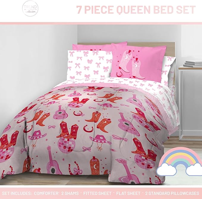 Jay Franco Kids Comforter Set Includes Sheets and Pillow Covers - Soft and Cozy Bed Set for Stylish Room Decor, Pink, Cowgirl Boots & Bows 7 Piece Queen Size Bedding