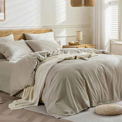 JELLYMONI Cotton Duvet Cover Twin Size - Linen Gray Comforter Cover with Button 100% Washed Cotton 2PCS Breathable Soft Solid Bedding Set Duvet Cover 68×90in & 1 Pillowcase (NO Comforter)