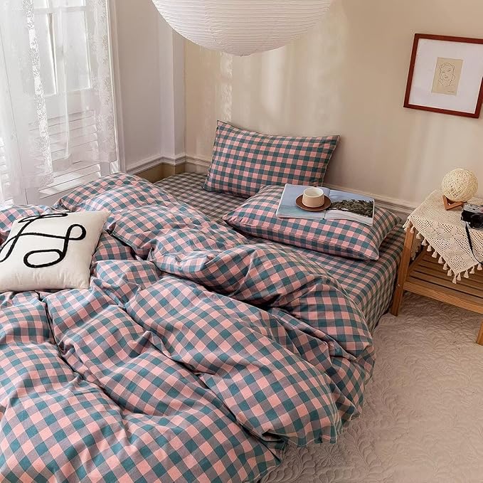 mixinni Plaid Comforter Set Full - 3 Piece Soft Geometric Checkered Comforter with 2 Pillow Shams, Modern Gingham Pattern Bedding Set for All Season, Breathable & Soft Cozy (Pink, Purple, Blue)