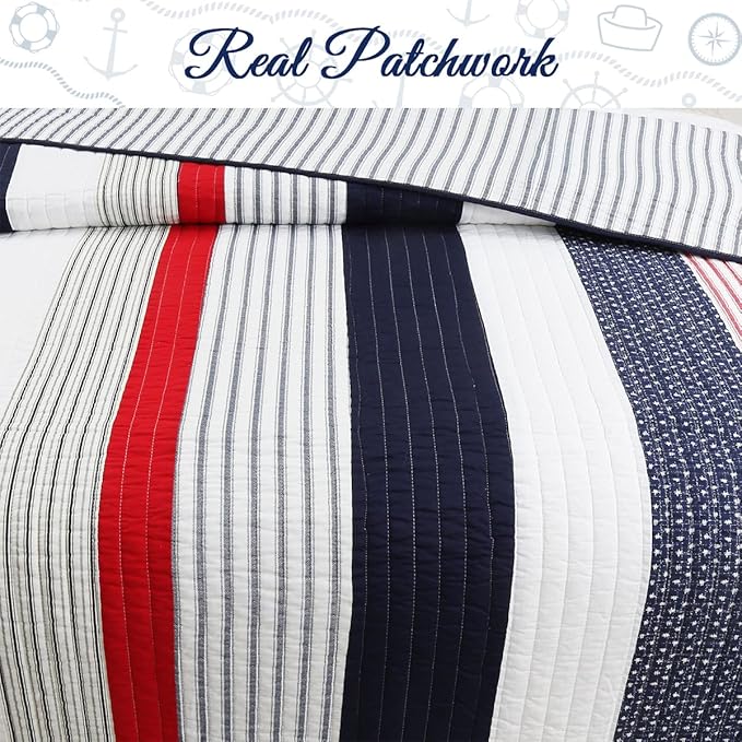 Cozy Line Home Fashions 100% Cotton Sailor Navy Blue Star Striped Reversible Bedding Quilt Set (Patriotic Stripe, Twin)