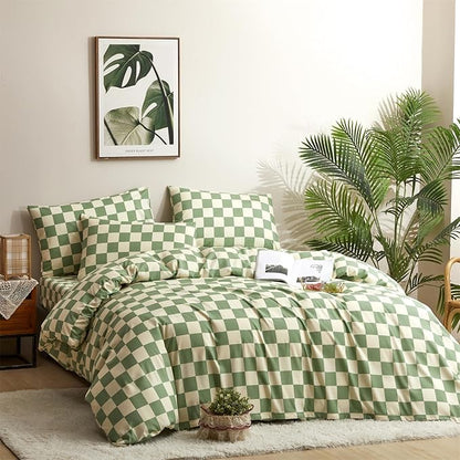 CLOTHKNOW Green White Plaid Twin/Twin XL Comforter Set 3Pcs Grid Bedding Comforter Sets Buffalo Checnker Comforter Soft Green White Comforter Sets