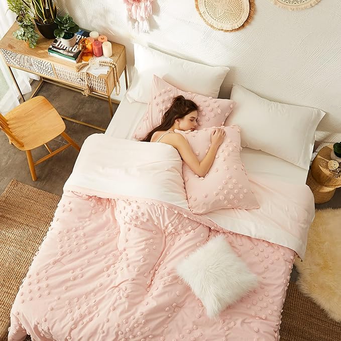 Geniospin Pink Full Comforter Set for Girls- 7 Pieces Pom Tufted Bed in A Bag Full Bedding Sets with Sheets, Pillowcases & Shams, All Season Kids Comforter Set