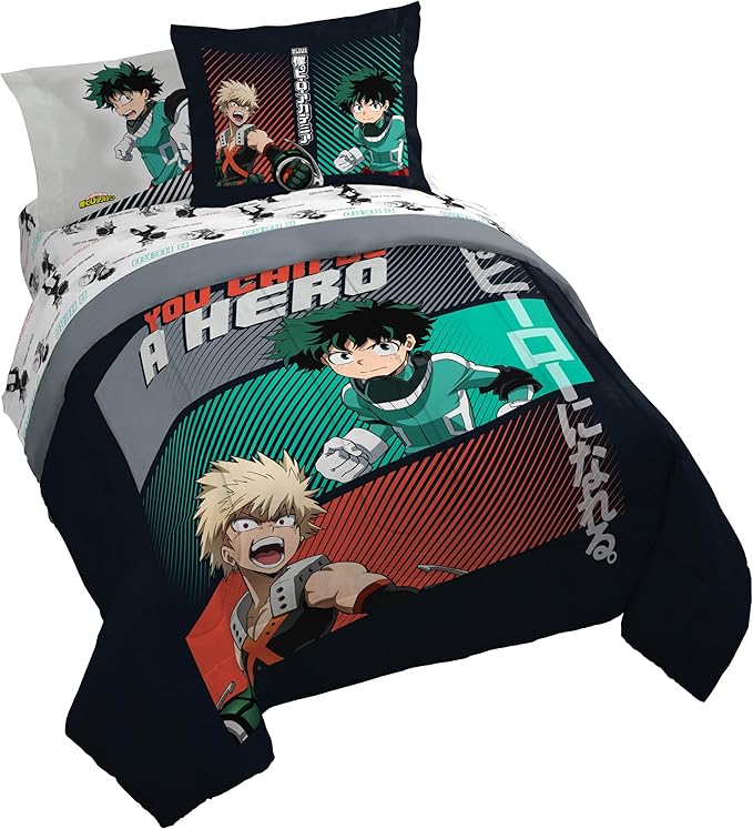 Jay Franco Kids Comforter Set Includes Sheets and Pillow Covers - Soft and Cozy Bed Set for Stylish Room Decor, Black - My Hero Academia, 7 Piece Queen Size Bedding