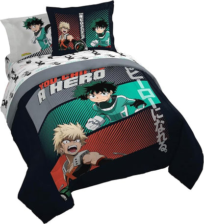 Jay Franco Kids Comforter Set Includes Sheets and Pillow Covers - Soft and Cozy Bed Set for Stylish Room Decor, Black - My Hero Academia, 7 Piece Queen Size Bedding