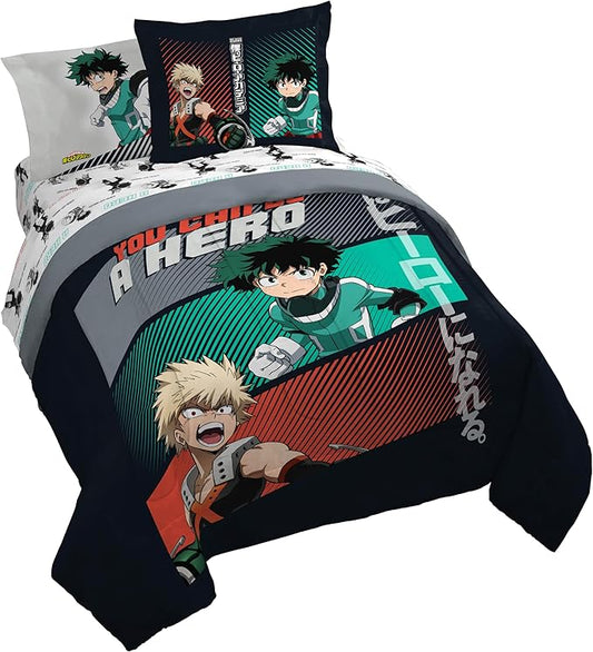 Jay Franco Kids Comforter Set Includes Sheets and Pillow Covers - Soft and Cozy Bed Set for Stylish Room Decor, Black - My Hero Academia, 7 Piece Queen Size Bedding