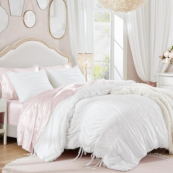 Intelligent Design King Comforter Set Ruched Shabby Chic Comforters for King Size Bed, All Season Lightweight Comforter King, French Country Bedding Set, Shams, Ella, King/Cal King, White, 3 Piece