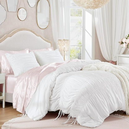 Intelligent Design Queen Comforter Set Ruched Shabby Chic Comforters for Queen Size Bed, All Season Lightweight Comforter Queen French Country Bedding Set, Shams, Ella, Full/Queen, White, 3 Piece