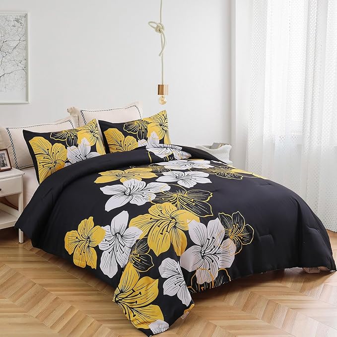 Menghomeus California King Comforter Set Black/Gold Floral Bedding Comforter Sets, Soft Microfiber Bed Set for All Season 3 Piece Botanical Flowers Comforter, Pillowcases