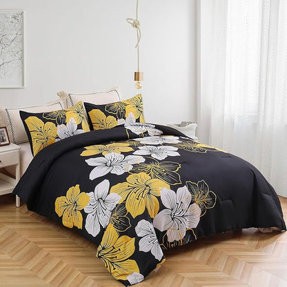 Menghomeus California King Comforter Set Black/Gold Floral Bedding Comforter Sets, Soft Microfiber Bed Set for All Season 3 Piece Botanical Flowers Comforter, Pillowcases