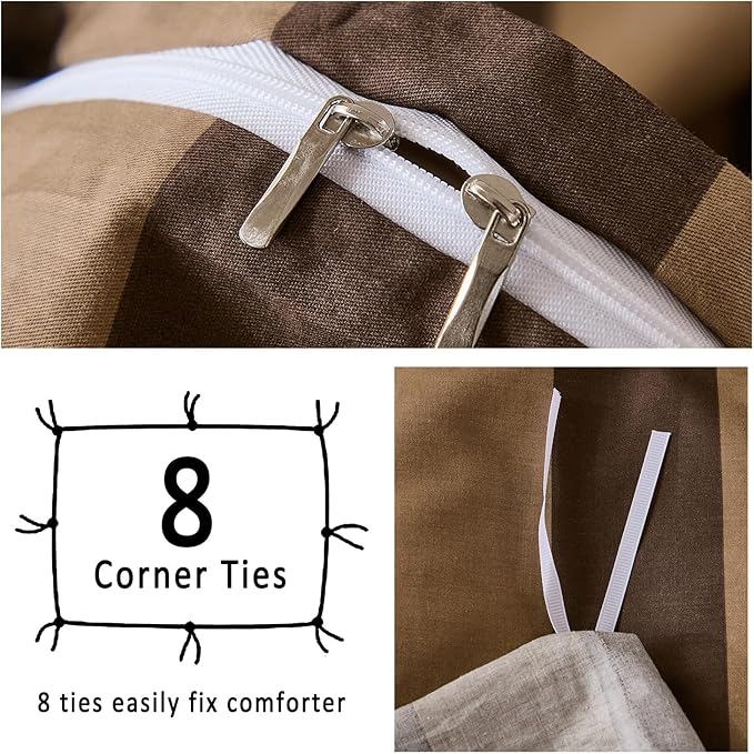Merryword Brown Striped Duvet Cover Set Queen Size, 100% Natural Cotton Linen Like Duvet Cover Set with Zipper Closure & 8 Corner Ties, Brown Khaki Soft Reversible Bedding for All Seasons