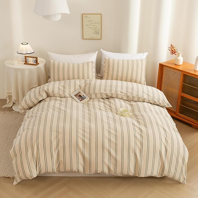 ECOCOTT Duvet Cover Full Size - Linen Feel Organic Natural 100% Washed Cotton, Soft Breathable & Durable Bedding Set, Comfy Stripe Design for All Seasons