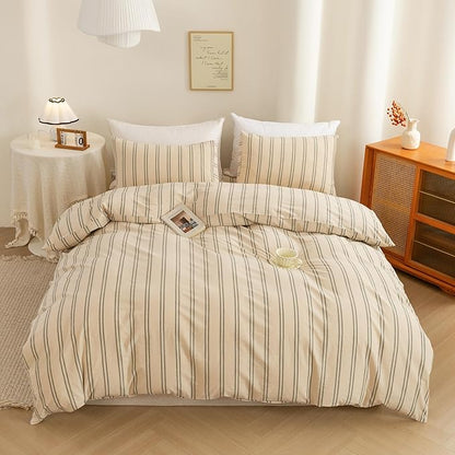 ECOCOTT Duvet Cover Full Size - Linen Feel Organic Natural 100% Washed Cotton, Soft Breathable & Durable Bedding Set, Comfy Stripe Design for All Seasons