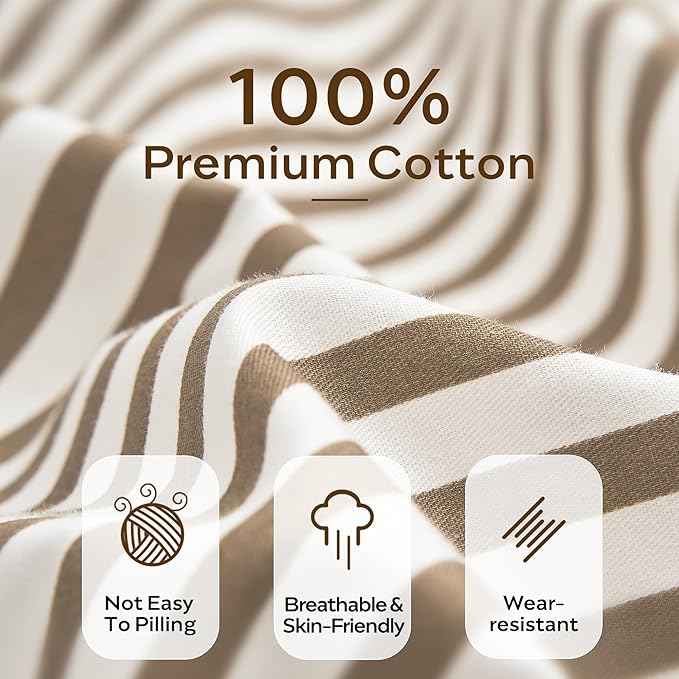 JELLYMONI 100% Natural Cotton 3pcs Striped Duvet Cover Sets,White Duvet Cover with Khaki Stripes Pattern Printed Comforter Cover,with Zipper Closure & Corner Ties(Cal King Size)