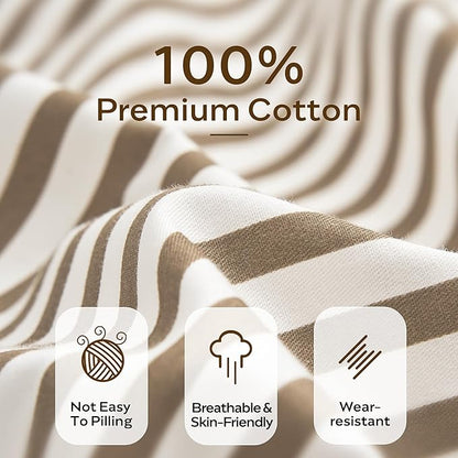 JELLYMONI 100% Natural Cotton 3pcs Striped Duvet Cover Sets,White Duvet Cover with Khaki Stripes Pattern Printed Comforter Cover,with Zipper Closure & Corner Ties(Full Size)