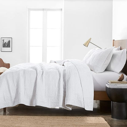 R.SHARE White Quilt Queen Size Bedding Sets with Pillow Shams, Lightweight Soft Bedspread Coverlet, Basket Weave Quilted Blanket Thin Comforter Bed Cover for All Season, 3 Pieces, 90x90 inches