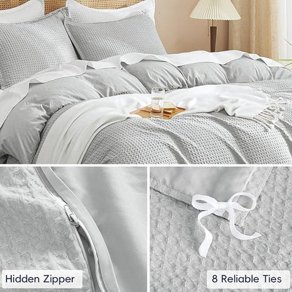 PHF Waffle Weave Duvet Cover Set Queen Size, No Snagging Ultra Soft Luxury Textured Breathable Comforter Cover for All Season 3pcs, Durable Bedding Duvet Set with 2 Pillow Shams, 90"x90", Light Grey