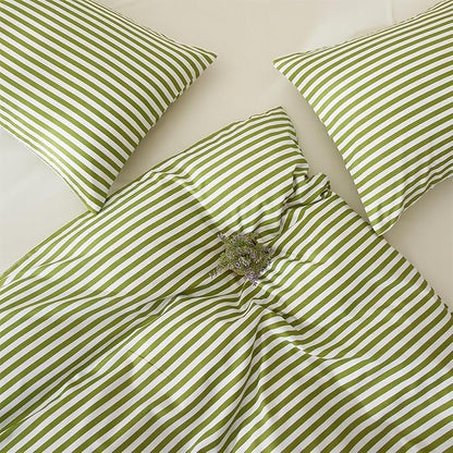 Striped Comforter Set Queen Size 3 Pieces Lightweight Striped Bedding Comforter Set Green White Stripes Pattern Farmhouse Bed Set Soft Fluffy Comforter with 2 Pillowcases for All Seasons Queen Size