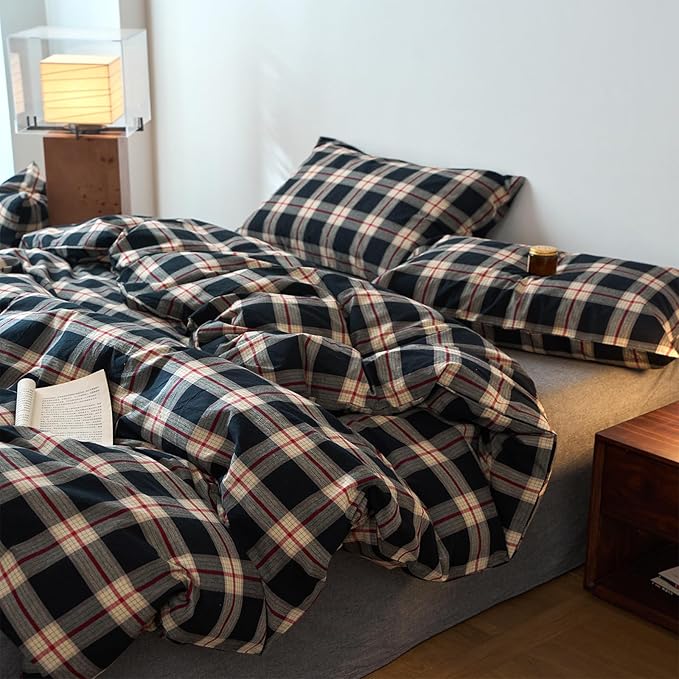 EAVD Vintage Black Plaid Gingham Comforter Set Queen Soft 100% Washed Cotton Black&Green&Red Grid Checkered Bedding Set with 2 Pillowcases Farmhouse Retro Plaid Comforter Set for All-Season