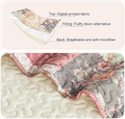 Whale Flotilla Patchwork Quilt Twin Size, Soft Boho Floral Bedspreads for Bed Reversible Lightweight Twin Quilt Bedding Set Coverlets with 1 Pillow Sham for All Seasons, Vintage Red Flowers
