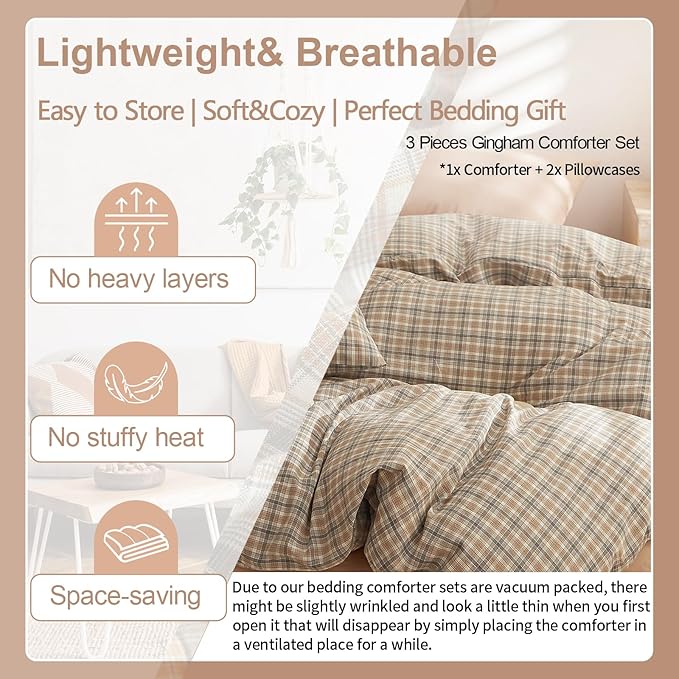 EAVD Vintage Style Brown Gingham Comforter Set King Soft 100% Washed Cotton Farmhouse Grid Plaid Comforter Set 3 Pieces Reversible Modern Brown Plaid Bedding Set for All-Season