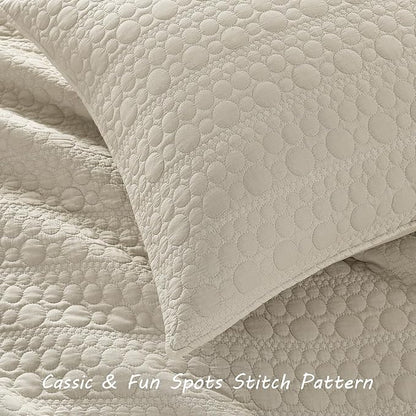 HORIMOTE HOME Quilt Set Queen Size Light Beige, Soft Lightweight Pre-Washed Microfiber Circle Stitches Queen Quilt Bedding Set, All Season Spring Summer Bedspread Coverlet, 2 Pillow Sham, 90x96 Inches
