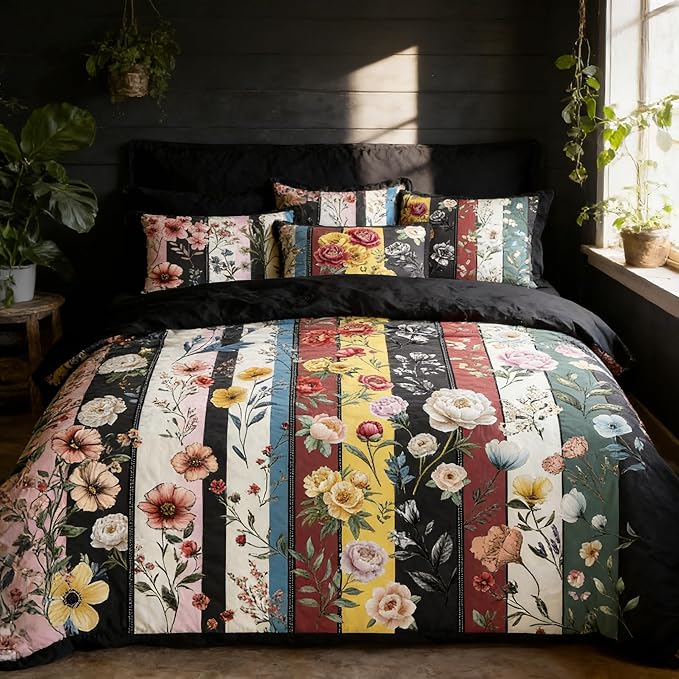 Black Vintage Floral Comforter Set Queen Size, Farmhouse Botanical Flowers Bedding Set for Adult Women Bedroom Decor, 3Pcs Lightweight Microfiber Comforter with 2 Pillowcases, 90"x90"