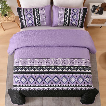 WONGS BEDDING 3 Pieces Quilt Set Queen Size, Purple Quilt Bedspread Lightweight Bohemian Coverlet Set with 2 Pillowcase, Soft Geometry Printed Bedding Set Queen for All Season 96"×90"