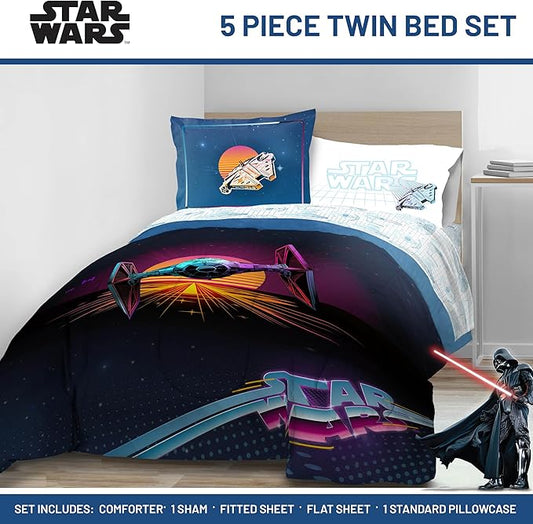 Jay Franco Kids Comforter Set Includes Sheets and Pillow Covers - Soft and Cozy Bed Set for Stylish Room Decor, Blue - Star Wars 02, 5 Piece Twin Size Bedding