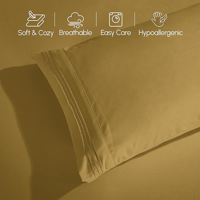 Elegant Comfort Luxurious 1500 Premium Hotel Quality Microfiber Three Line Embroidered Softest 5-Piece Bed Sheet Set, Wrinkle and Fade Resistant, Split King, Bronze