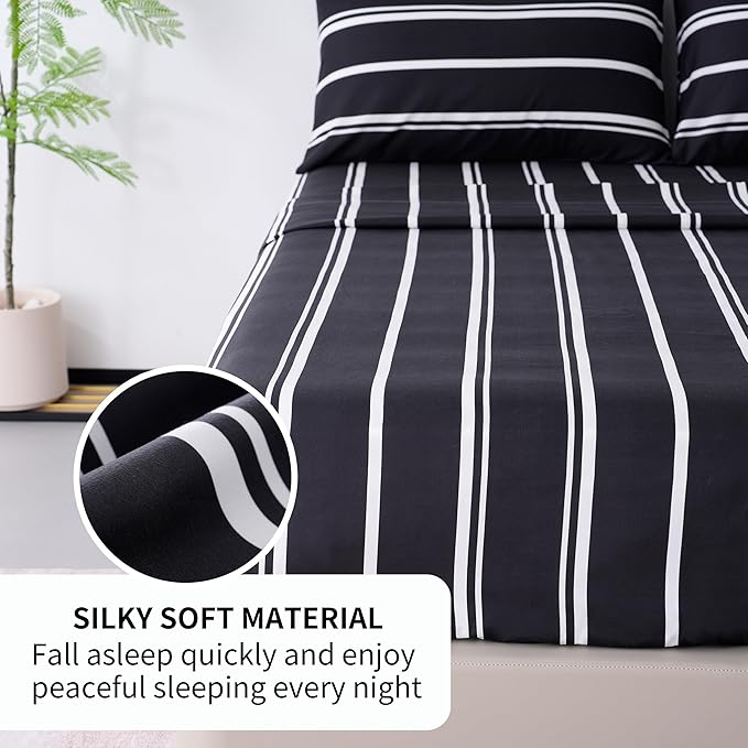 Best Season Black and White Striped Bed Sheets Queen Size 4 Piece Ultra Soft Stripe Sheet Set - Deep Pocket, Fade & Wrinkle Resistant Bedding Set (Black&White)