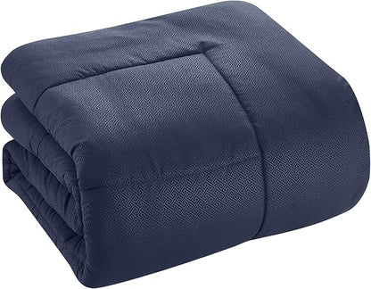 Sweet Home Collection King Size Greek Key Navy 8 Piece Bedding Set - Smooth Piped Edging, Sewn-Through Construction, Overfilled for