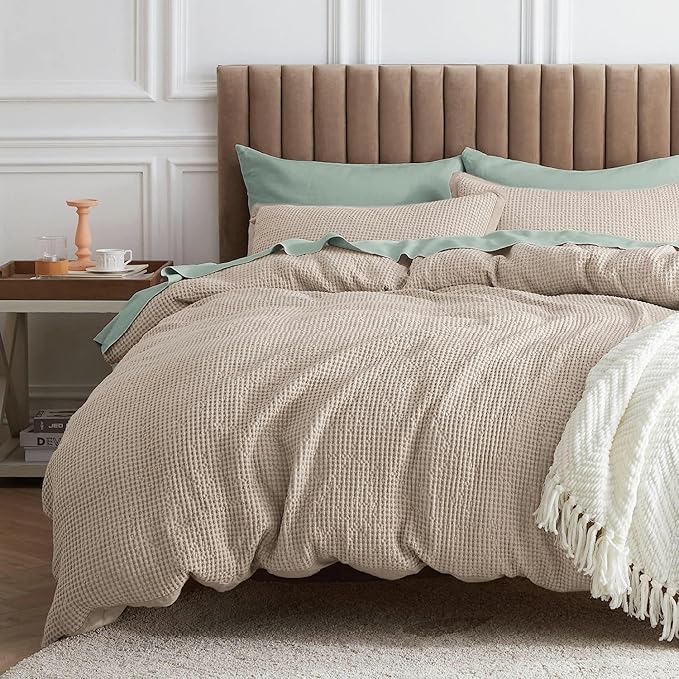 Bedsure Waffle Comforter Set Full, Khaki Soft Bedding, Waffle Weave Bed Set, 3 Pieces, 1 Comforter (82"x86") and 2 Pillow Shams, Cotton Shell and Polyester Lining for All Seasons