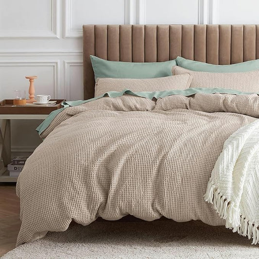 Bedsure Waffle Comforter Set Full, Khaki Soft Bedding, Waffle Weave Bed Set, 3 Pieces, 1 Comforter (82"x86") and 2 Pillow Shams, Cotton Shell and Polyester Lining for All Seasons