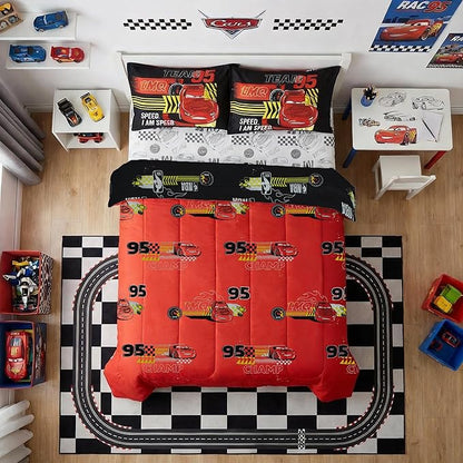 Northwest Disney Pixar Cars Full Size Comforter Set, 5 Piece Reversible Lightning McQueen Design Ultra Soft Fade Resistant Microfiber Kids Bedding Set, Officially Licensed