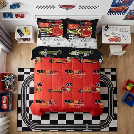 Northwest Disney Pixar Cars Full Size Comforter Set, 5 Piece Reversible Lightning McQueen Design Ultra Soft Fade Resistant Microfiber Kids Bedding Set, Officially Licensed
