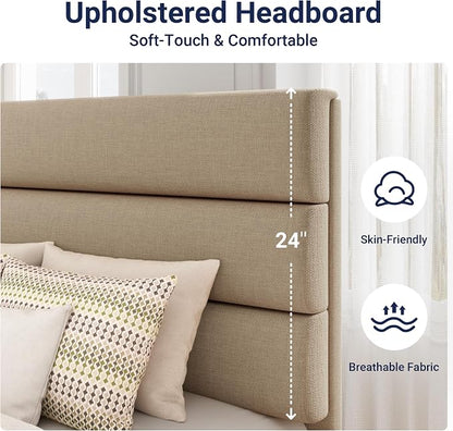 Allewie Twin Size Platform Bed Frame with Fabric Upholstered Headboard | Wooden Slats Support, Fully Upholstered Mattress Foundation, No Box Spring Needed, Easy Assembly, Noise-Free, Beige