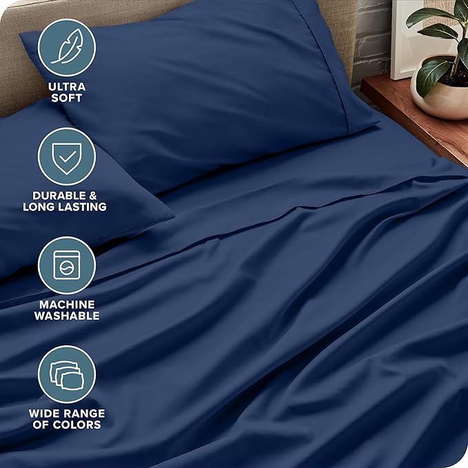 Bare Home Short Queen Sheet Set - 1800 Ultra-Soft Microfiber Bed Sheets - Double Brushed - Deep Pockets - Easy Fit - 4 Piece Set - Bedding Sheets & Pillowcases (Short Queen, Dark Blue)