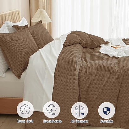PHF Waffle Duvet Cover Set Twin/Twin XL Size, No Snagging Soft Luxury Textured Breathable Comforter Cover for All Season 2pcs, Durable Bedding Duvet Set with 1 Pillow Sham, 68"x90", Mocha