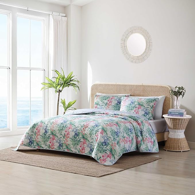 Tommy Bahama - King Quilt Set, Reversible Cotton Coastal Bedding with Matching Shams, Colorful Botanical Bedding Set (Island Orchid Pink/Blue)