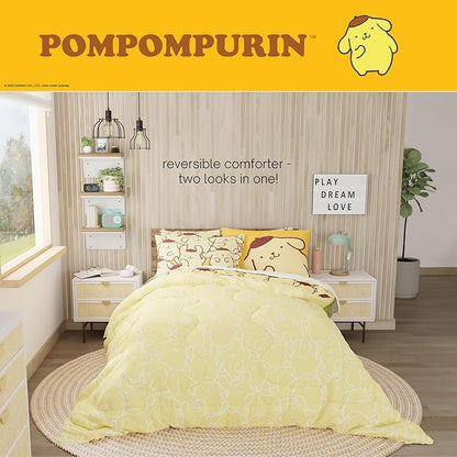 Sanrio Pompompurin Bedding Set, Twin Size 5 Piece Set Kids Super Soft Cozy Reversible Comforter and Sheet Set with Sham, (100% Officially Licensed Product) by Franco