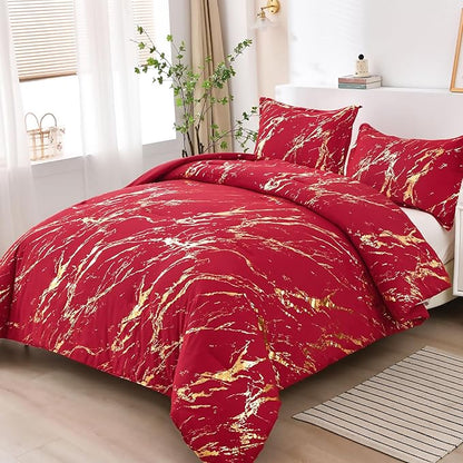 WONGS BEDDING Red Gold Metallic Marble Comforter Set Queen,Red Christmas Bedding Sets with 2 Pillowcases for All Seasons, Soft Microfiber Filling Bedding Duvet Set 90"x90"